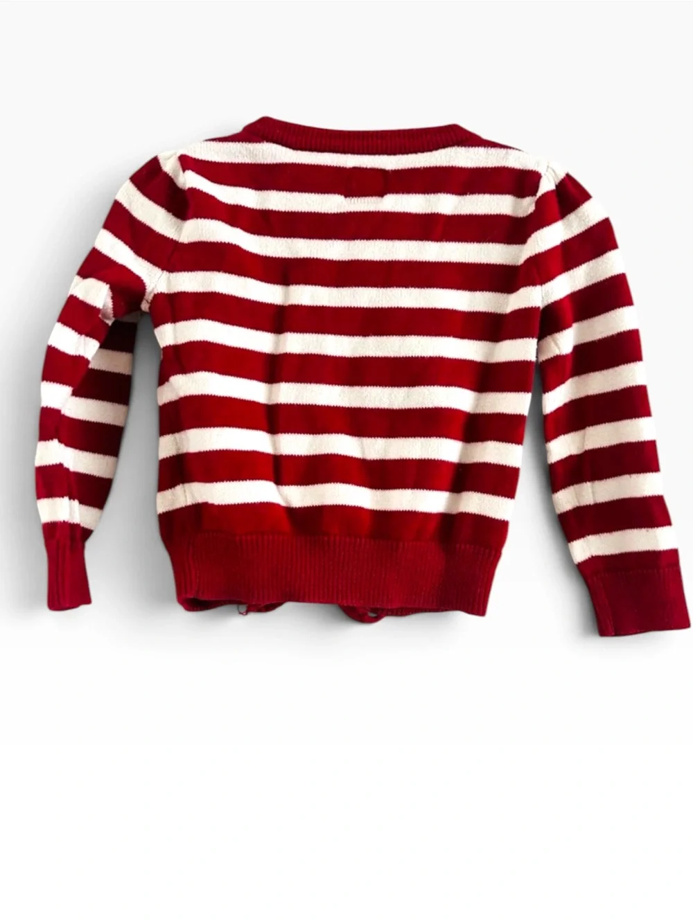 ⁠Baby GAP Girls Size 12-18M Red White Striped Ruffle Front Button Cardigan Sweat